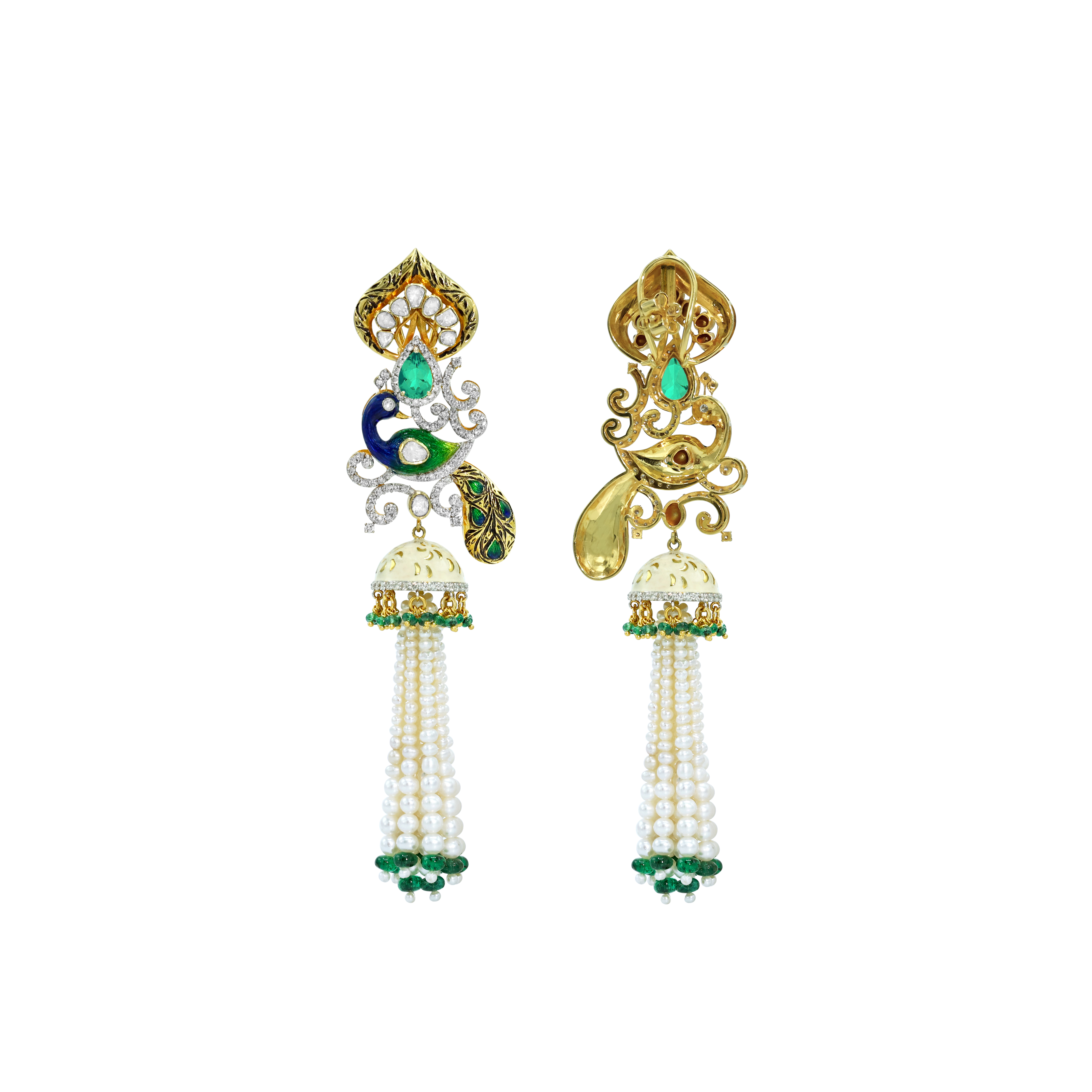 Pearl and Emerald Necklace Set with Polki and Peacock Motifs